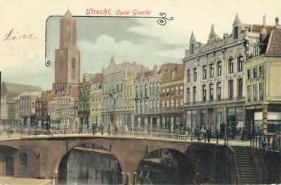 1392 Gezicht op de Oudegracht Weerdzijde te Utrecht met op de achtergrond de Domtoren en op de voorgrond de Bakkerbrug.